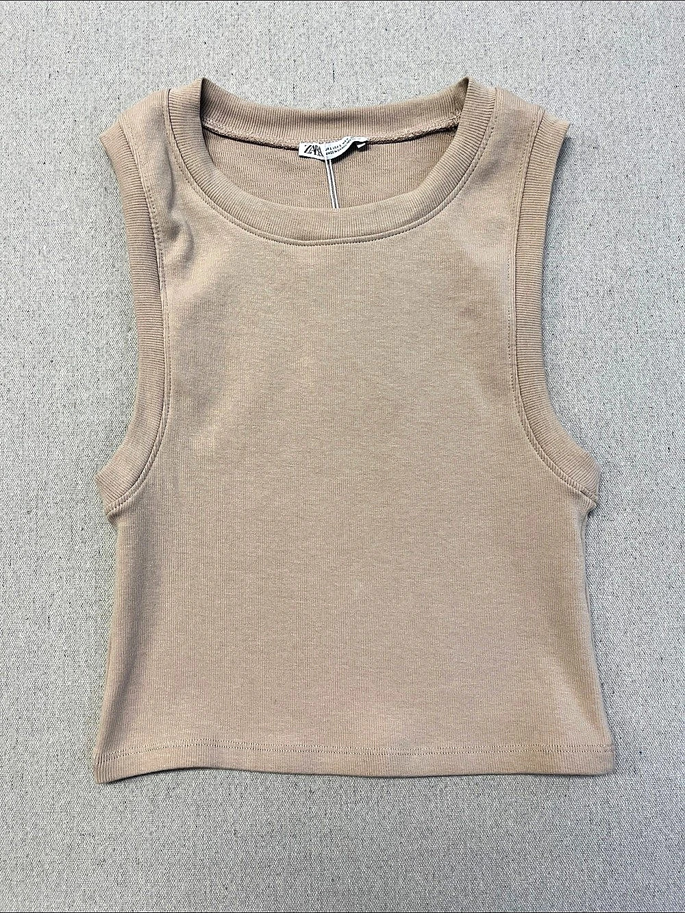 ZARA Beige Ribbed Fitted Crop Tank Top Sleeveless Crew Neck Large NWT